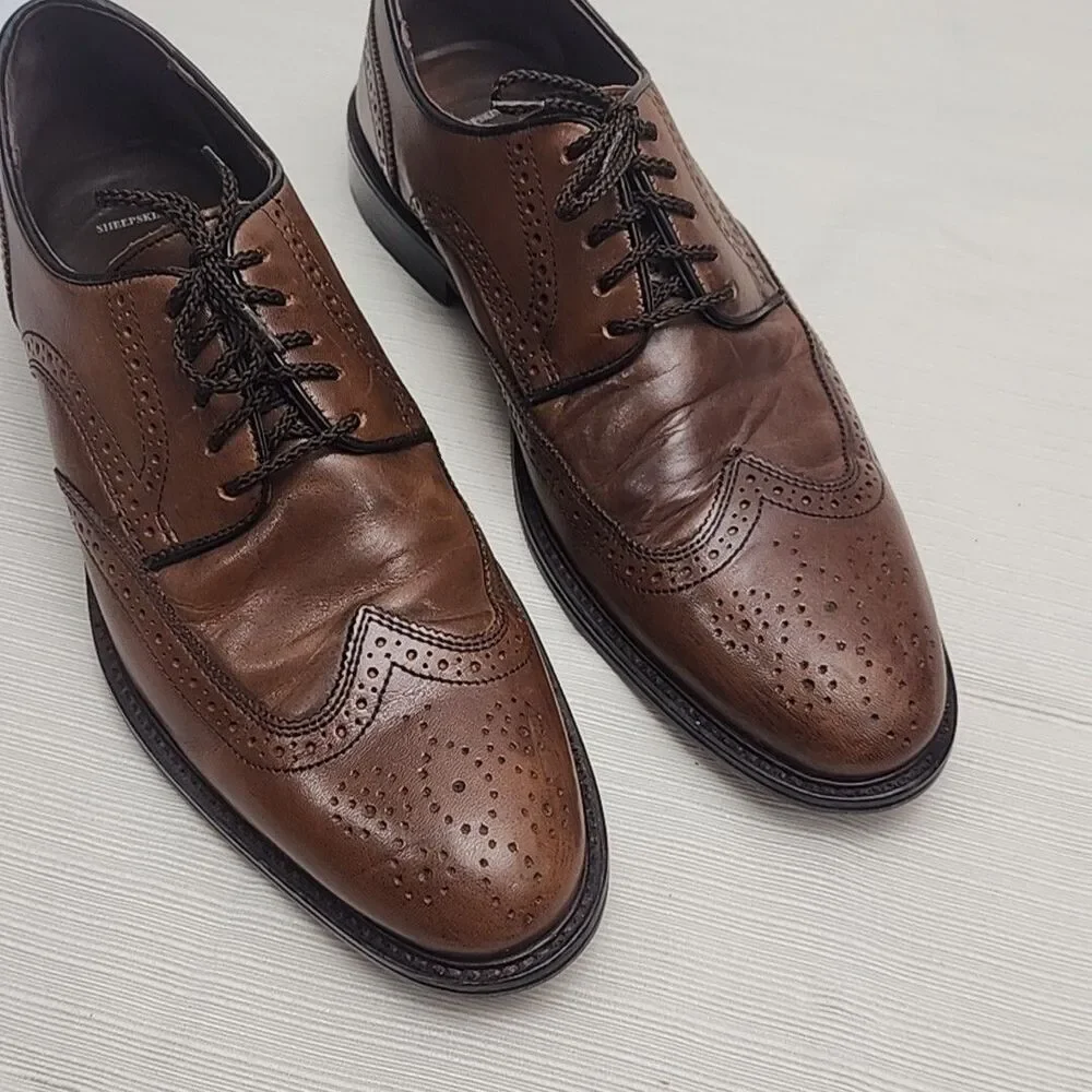Johnston & Murphy Dress Shoes Wingtip Oxfords Brown Men Sz 8.5 Sheepskin Leather